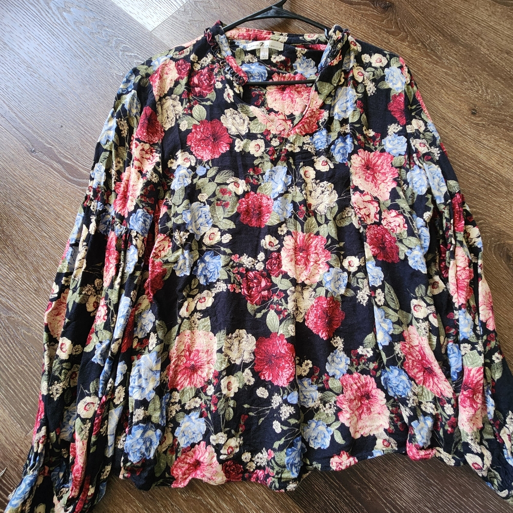 Floral Long-Sleeve Peasant Top - Black Multi